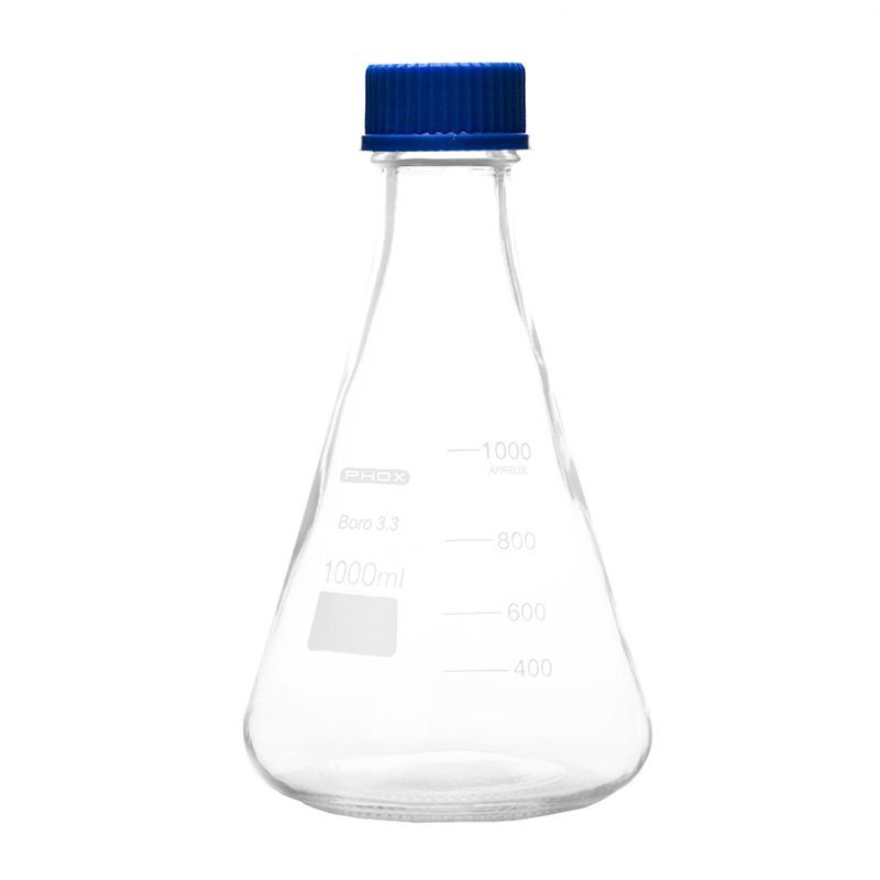 Erlenmeyer graduado - Tampa azul rosca GL45 - Borossilicato